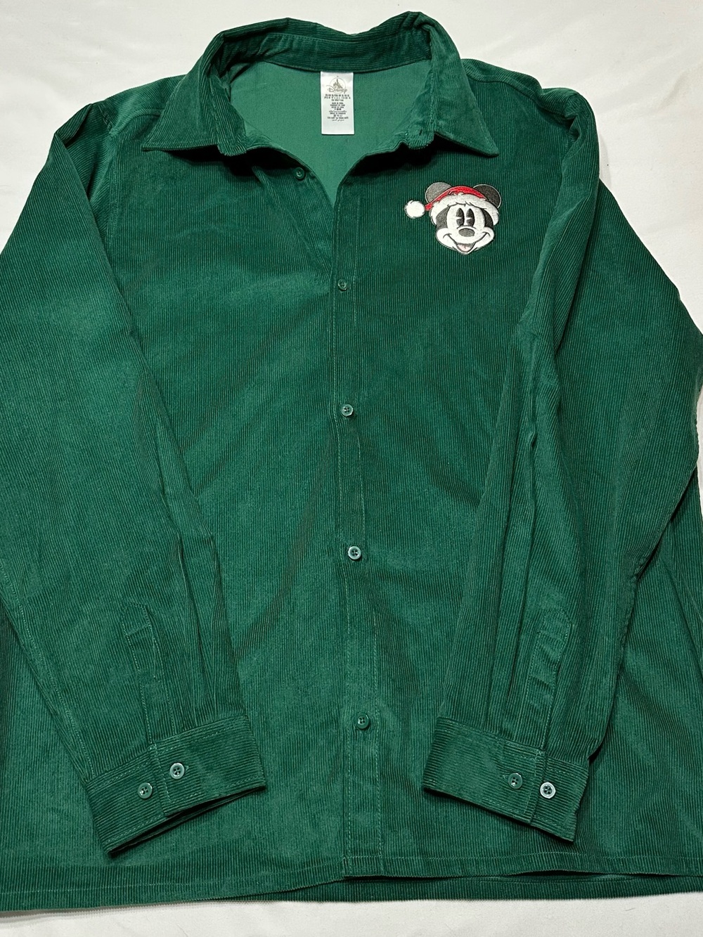 NWT Disney Parks Mickey Mouse Santa Christmas Green Corduroy Shirt XL